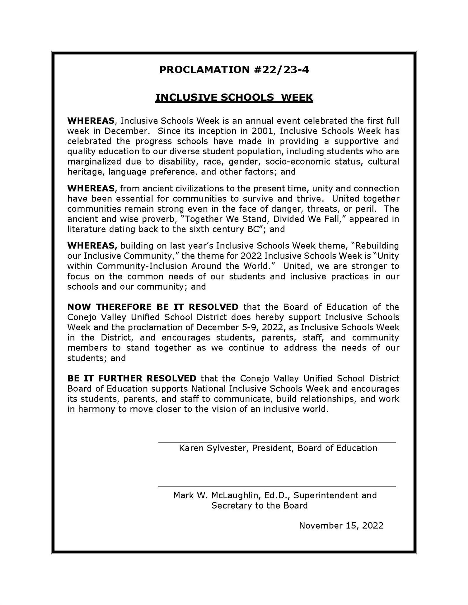Inclusive Schools Week Proclamation
